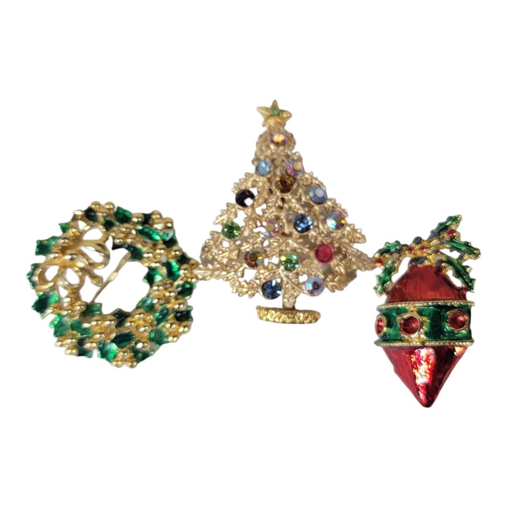 Lot of 3 Wreath Brooch Christmas Holiday Enamel Rhinestones Tree Ornament